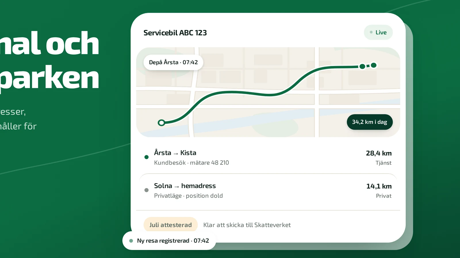 Närbild på Cartrackers produktvy med karta, rutt och registrerade resor