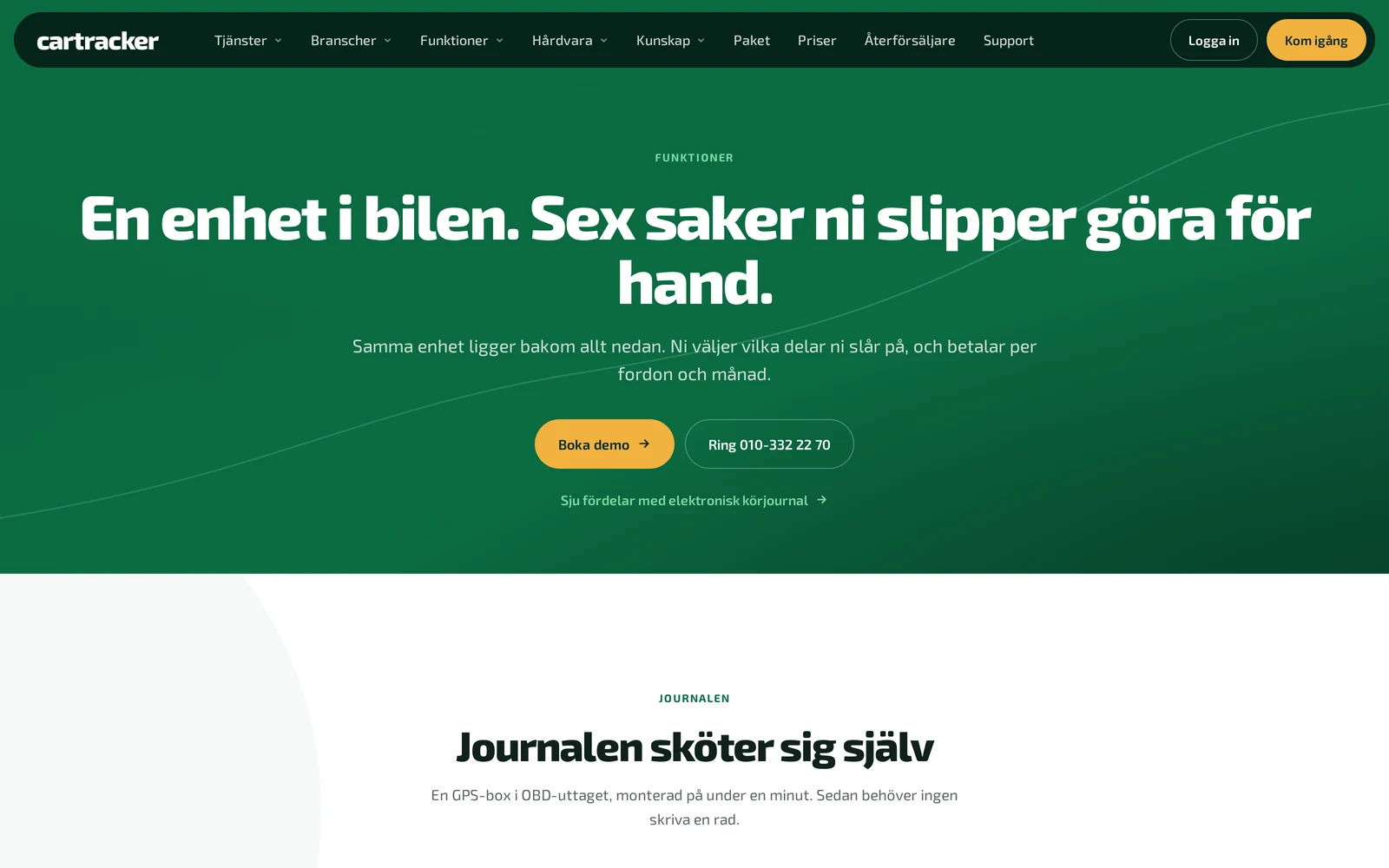 Cartrackers funktionssida med journalen, arbetsplatszoner och trängselskatt