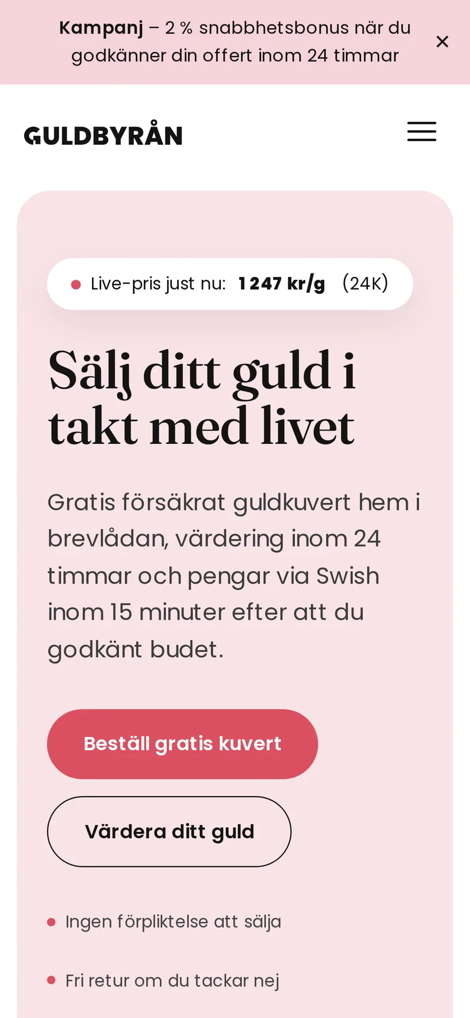 Guldbyråns startsida i mobilvy